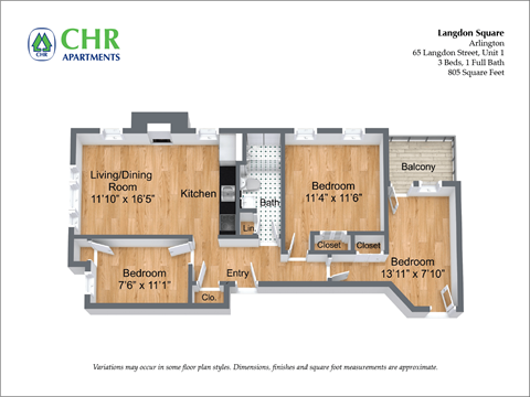 Floor plan for 3 beds, 1 bath, 1239 sqft